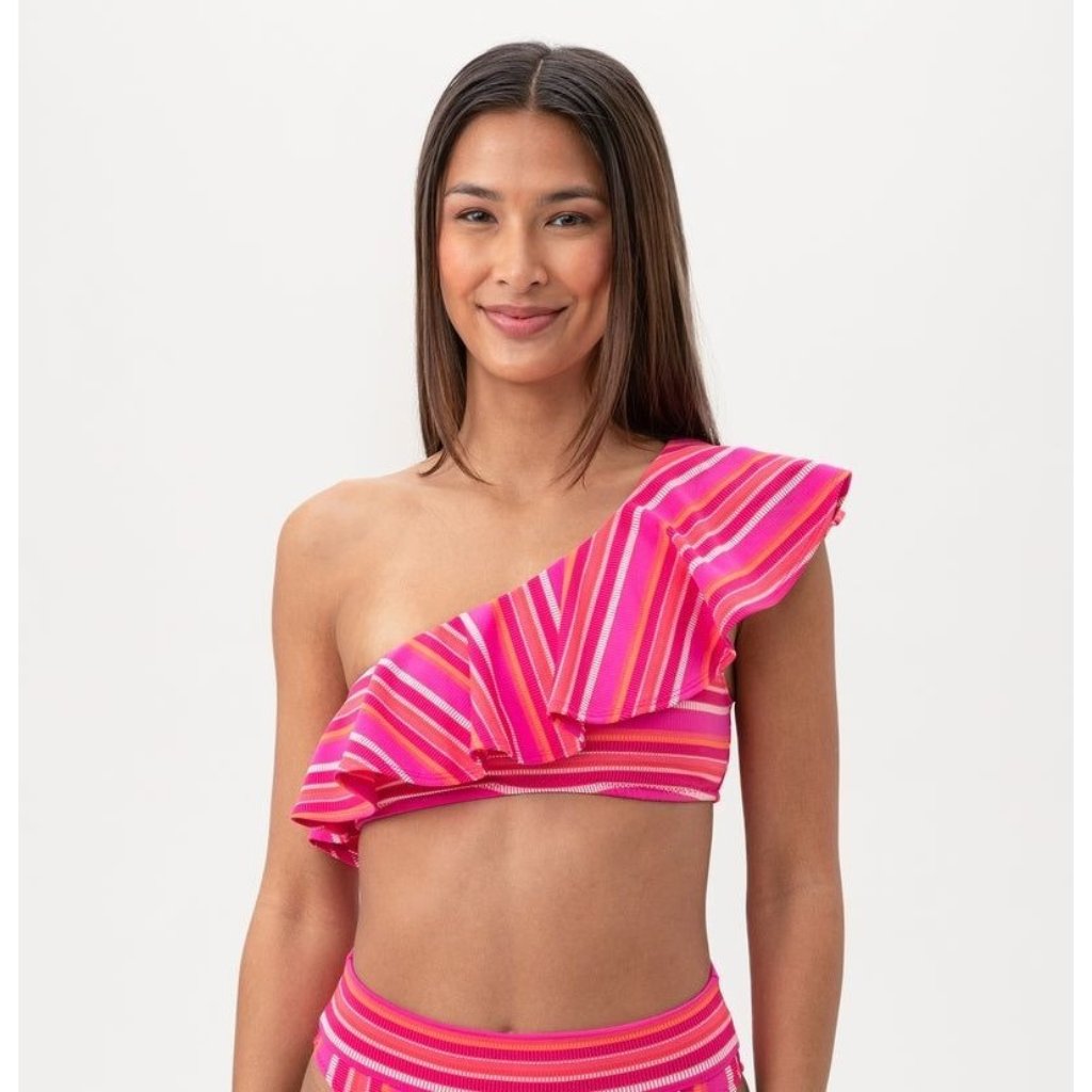 Trina Turk Marai Striped Asymmetrical Bikini Top Ruffle Pink Red 8